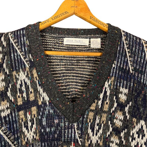 Vintage 90s Grandpa Sweater Knit Wool Blend Geometric Pullover Retro Slouchy - Picture 3 of 7